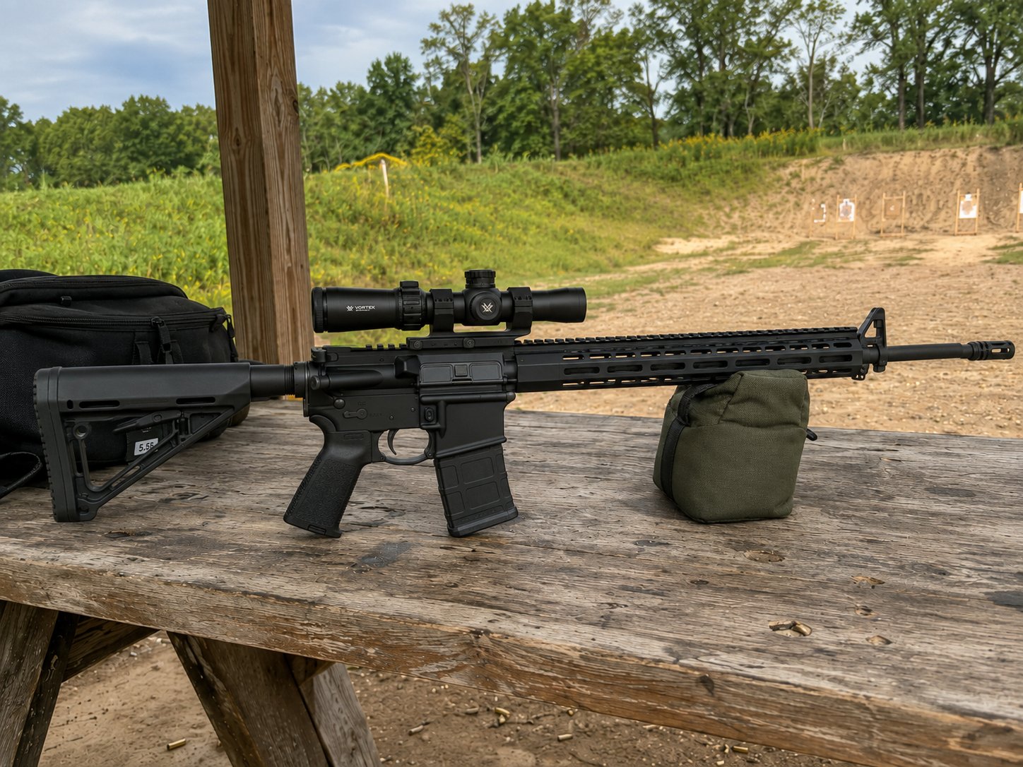 Customer's AR-15 rifle, factory black, on a range bench